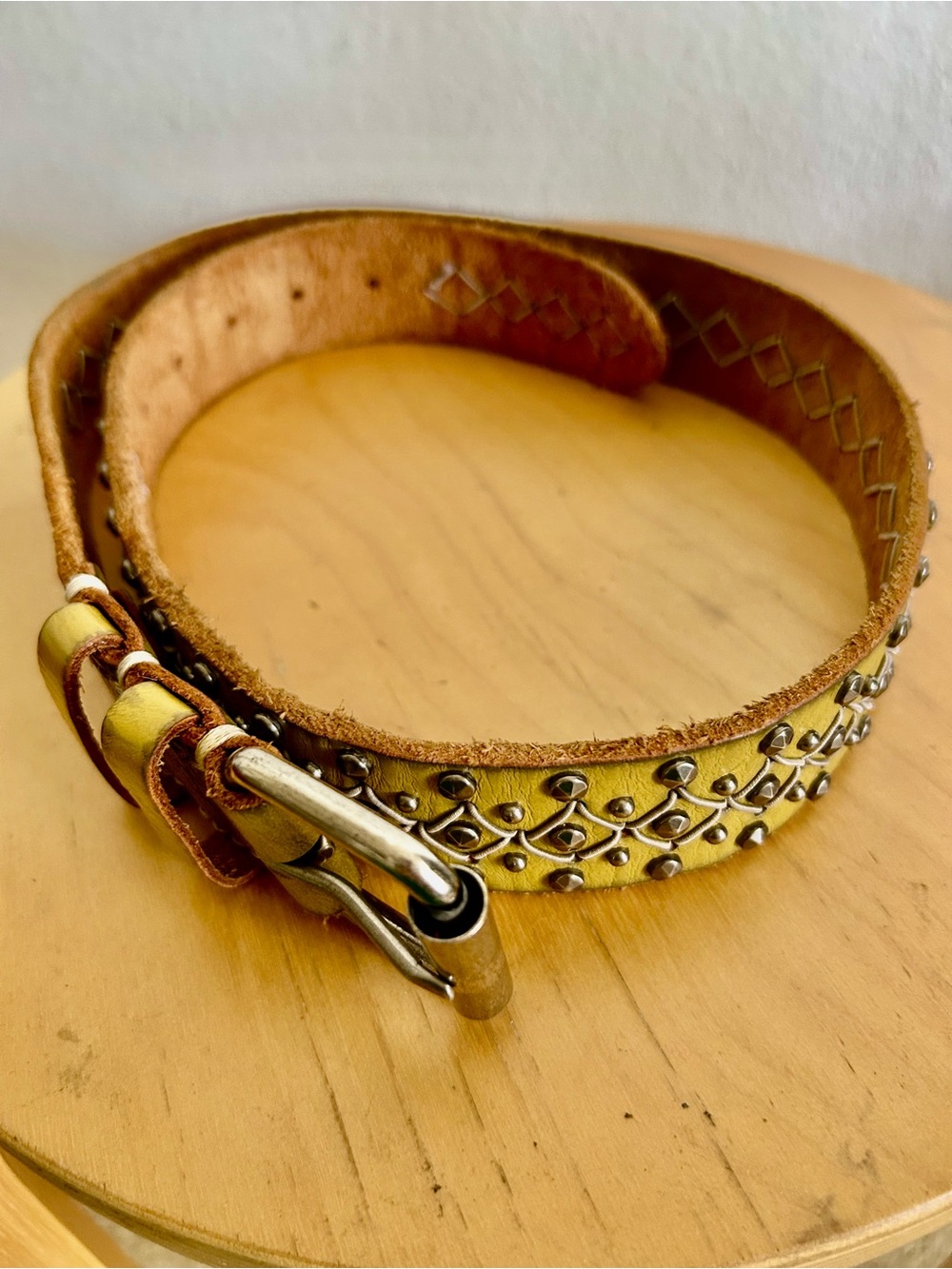 Yellow Studded Leather Belt with Silver Accents for Women